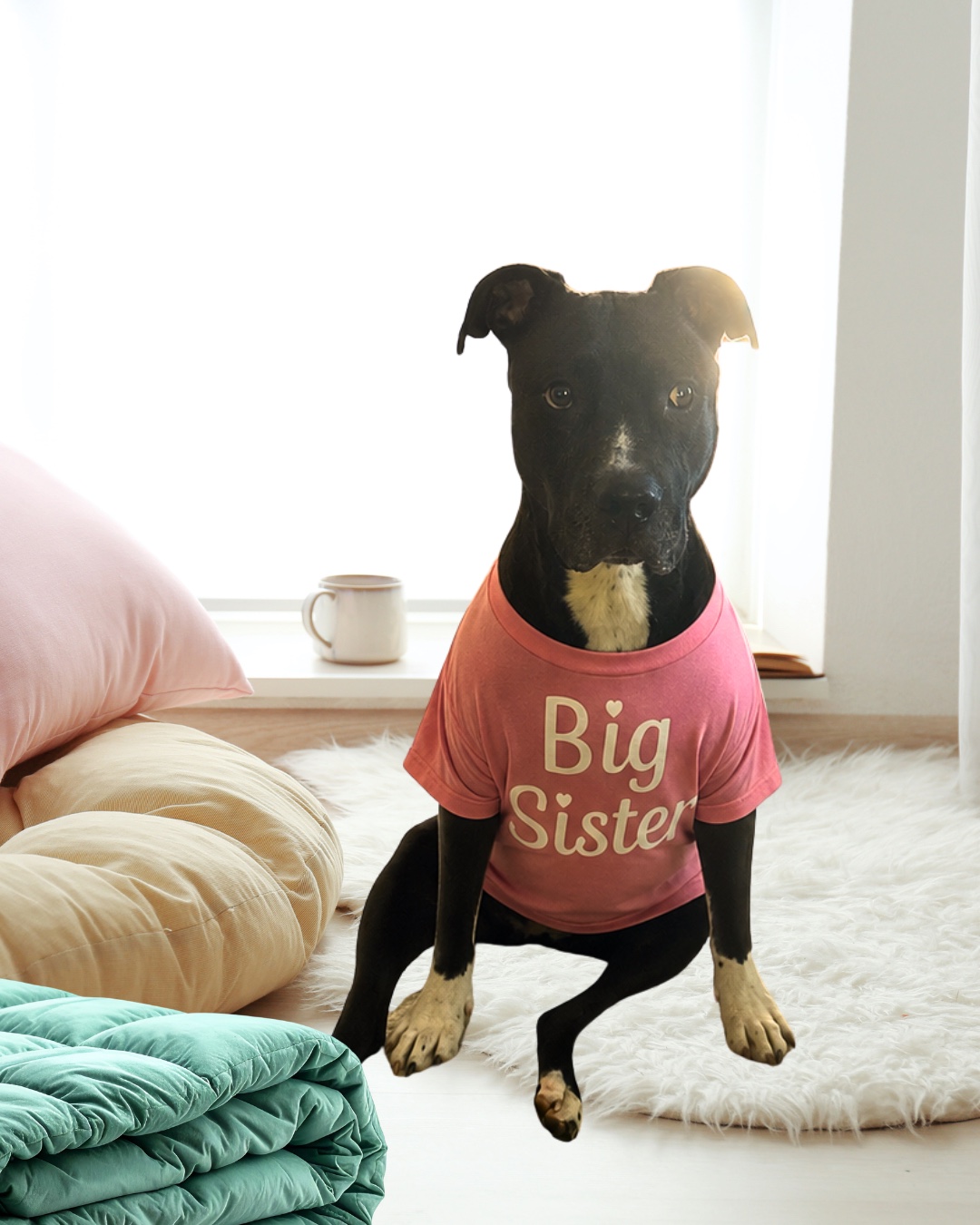Bentley wearing a pink Big Sister shirt